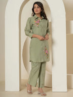 Yufta Olive Thread_Work Shirt And Trouser Polyester Co-Ord Set | Grocsy