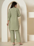Yufta Olive Thread_Work Shirt And Trouser Polyester Co-Ord Set | Grocsy