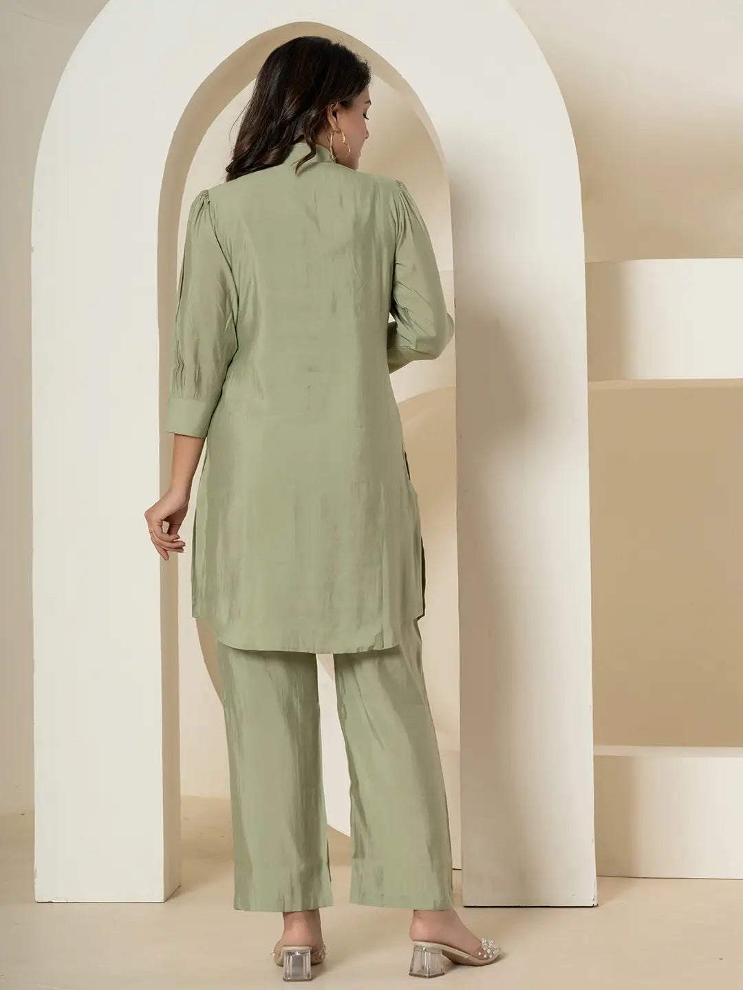 Yufta Olive Thread_Work Shirt And Trouser Polyester Co-Ord Set | Grocsy