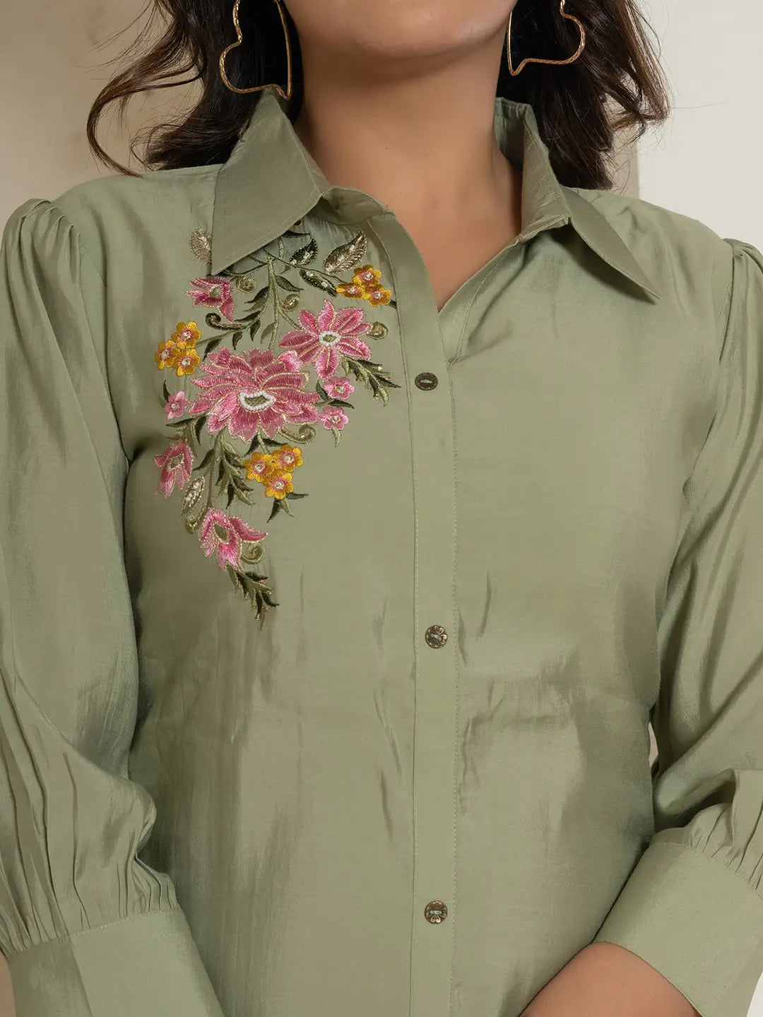 Yufta Olive Thread_Work Shirt And Trouser Polyester Co-Ord Set | Grocsy