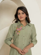Yufta Olive Thread_Work Shirt And Trouser Polyester Co-Ord Set | Grocsy