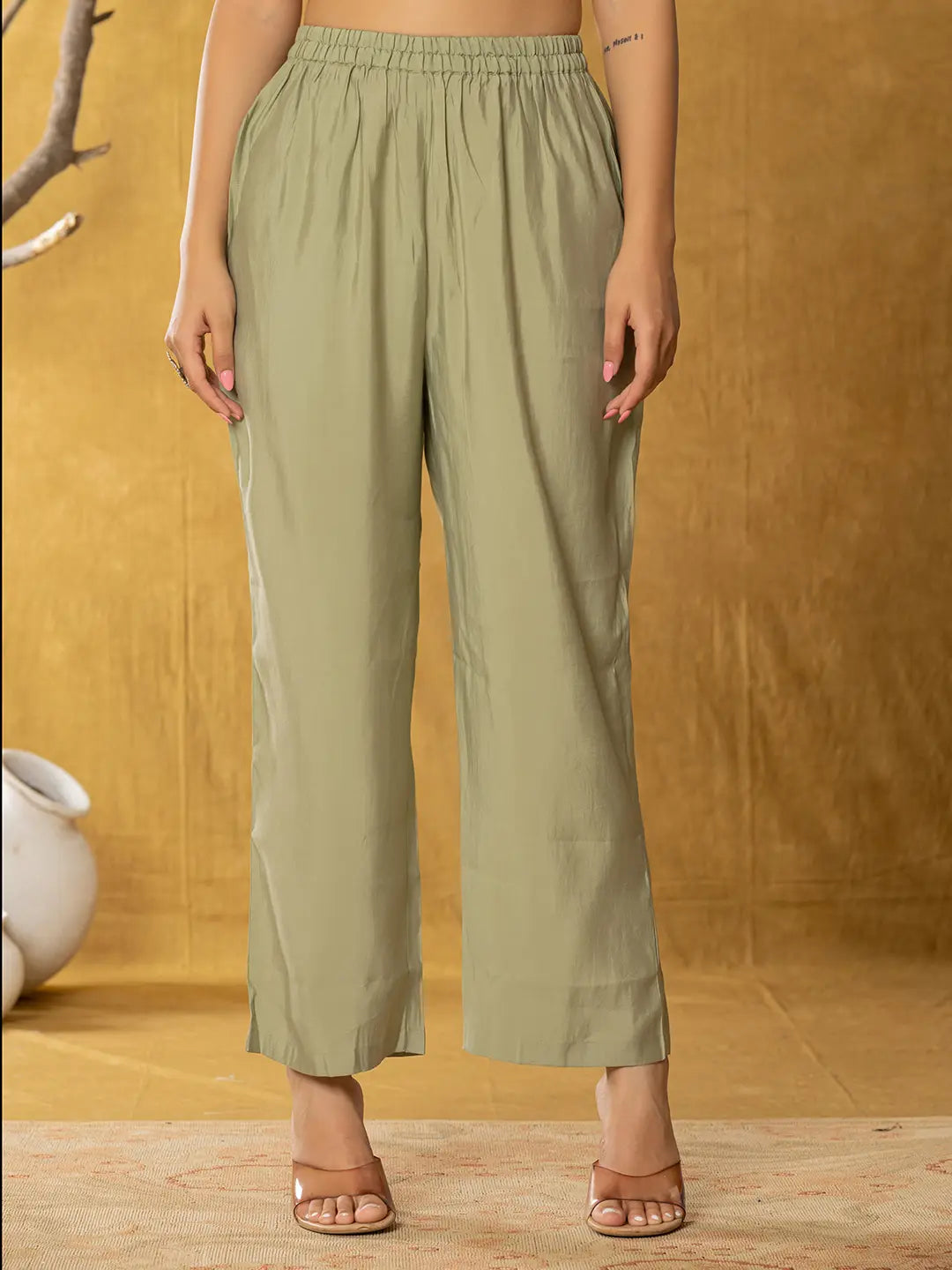Yufta Olive Thread_Work Shirt And Trouser Polyester Co-Ord Set | Grocsy