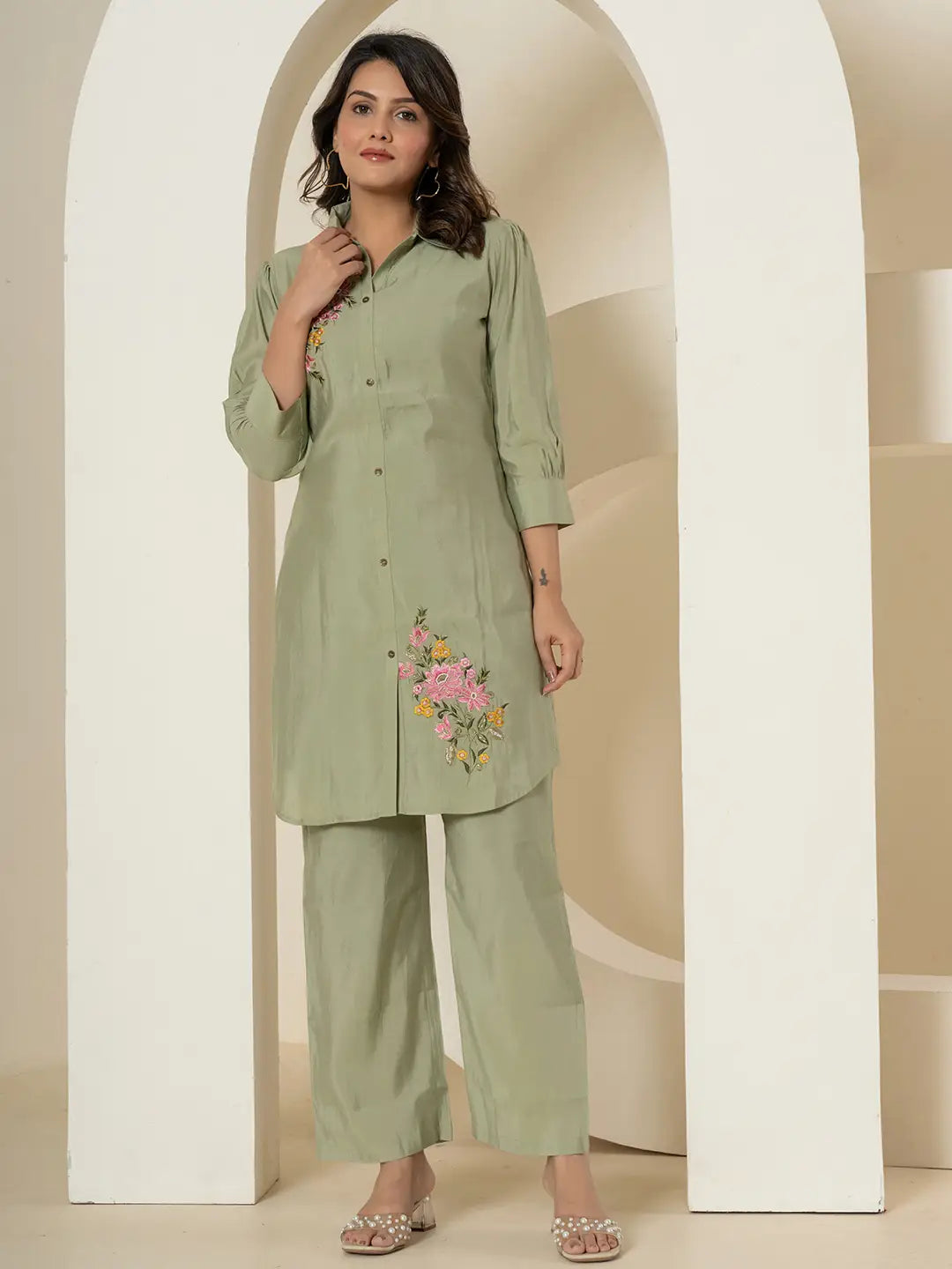 Yufta Olive Thread_Work Shirt And Trouser Polyester Co-Ord Set | Grocsy