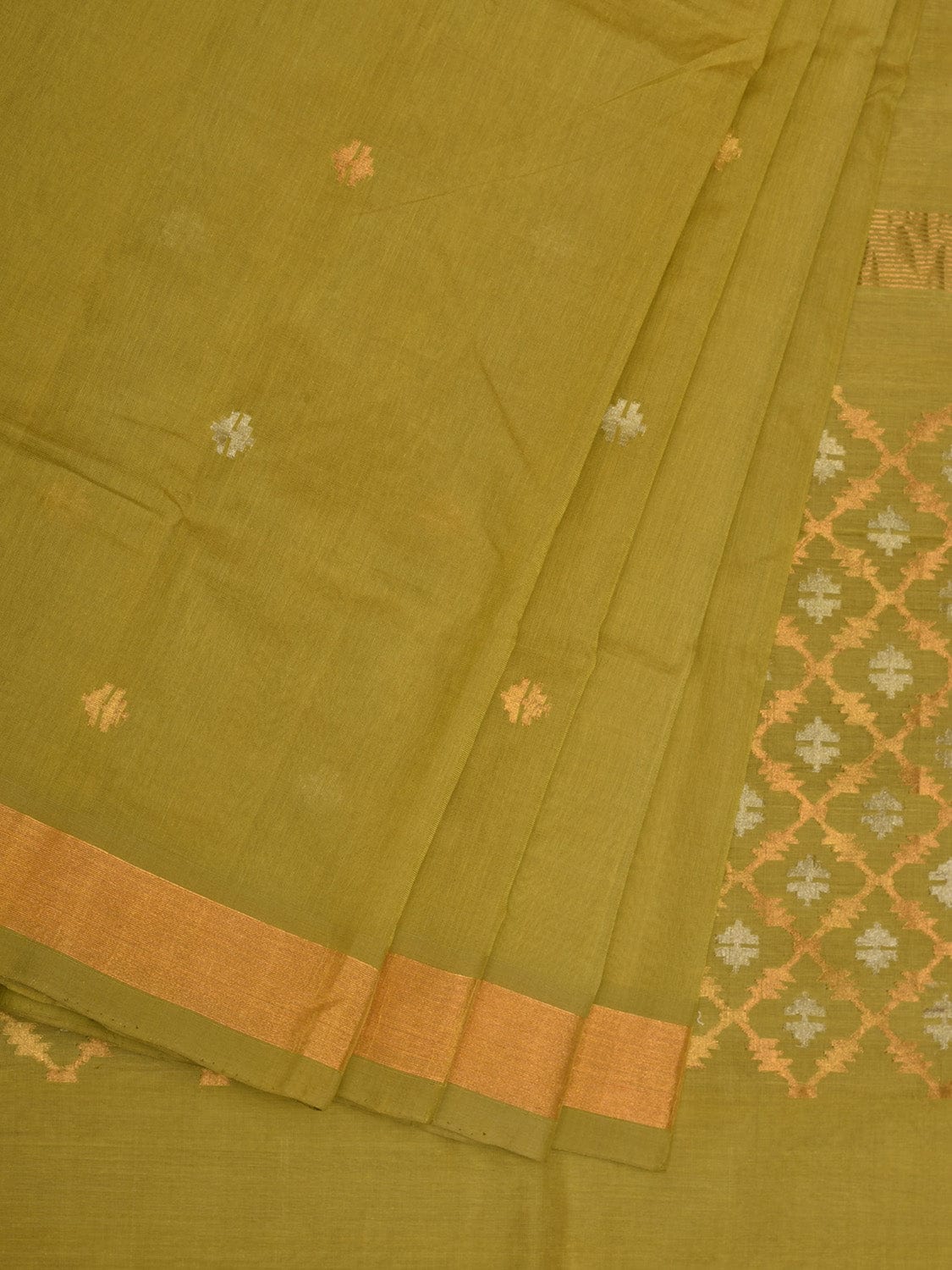 Olive Uppada Cotton Handloom Saree with Jamdani Pallu Design - Global Threads | Grocsy