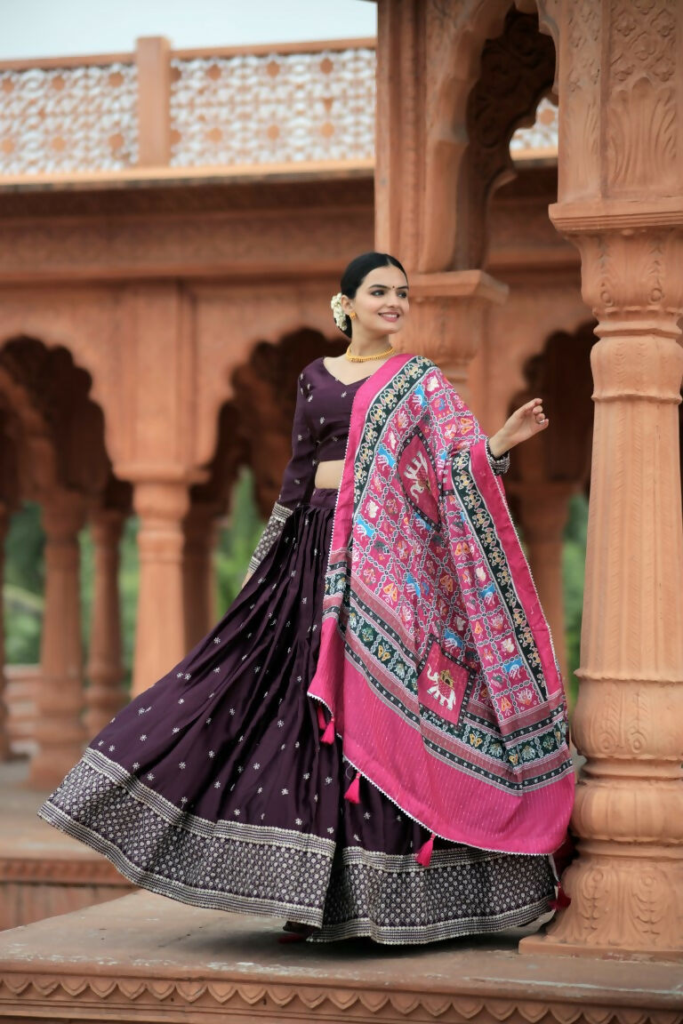 Vastranavya Navaratri Collection Myra Silk Lehenga & Blouse With Maslin Crochet Printed Dupatta Set - Wine | Grocsy