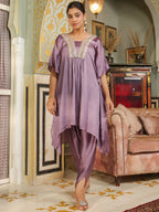 Janasya Lavender Silk Blend Yoke Embroidery Co-Ords | Grocsy