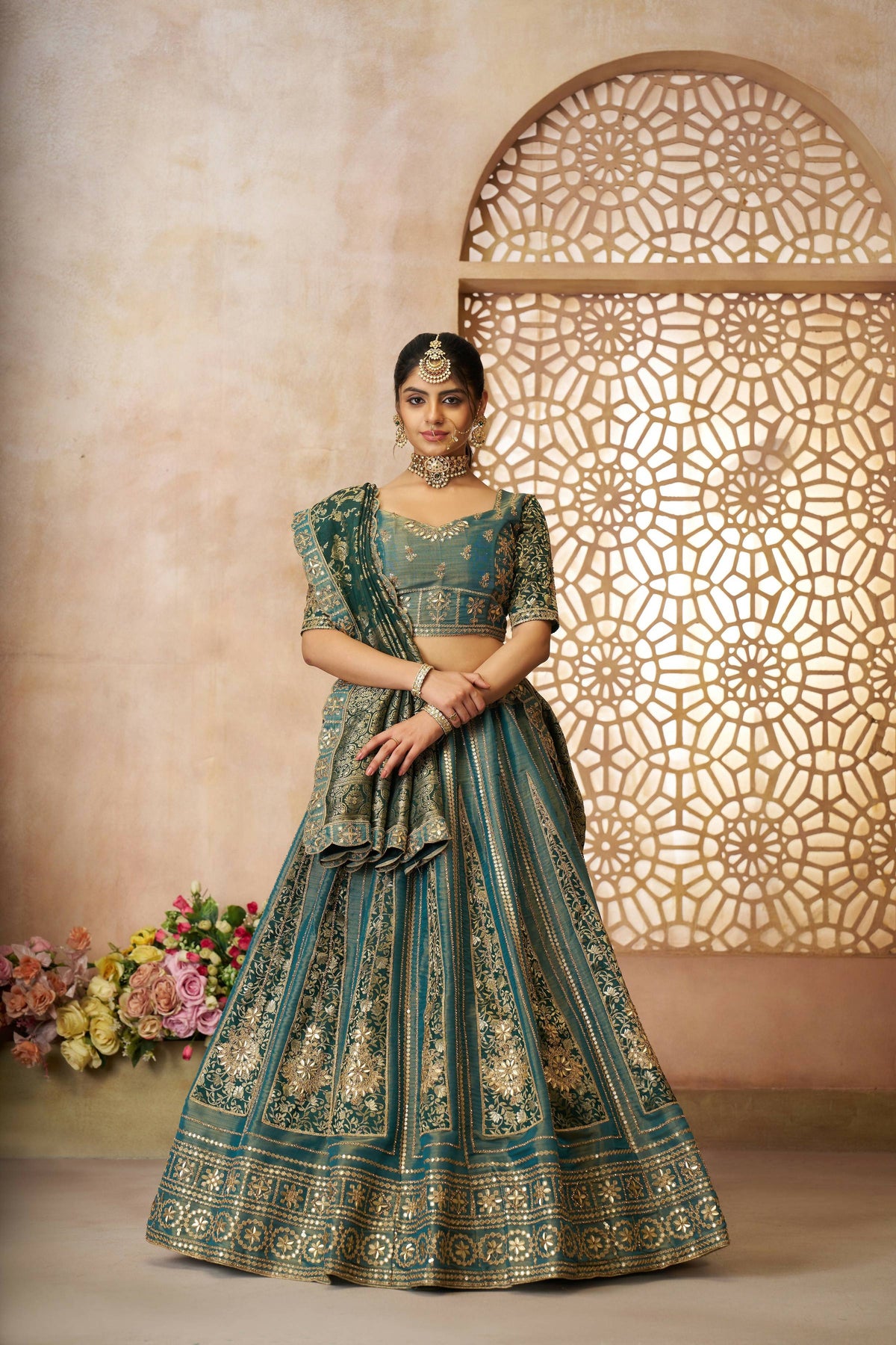 Kesar Fab Green Net Hand_Woven Lehenga | Grocsy