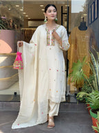 The52 Off White Women's Gorgeous Chinon Fabric Embroidered Work Straight Kurta Pant and Dupatta Set | Grocsy