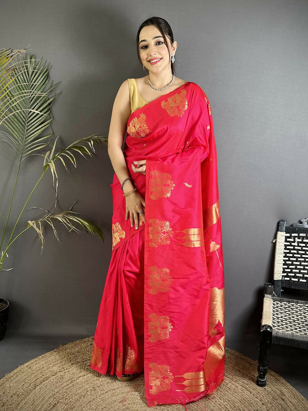 Joban Fashion Crimson Red Motifs Zari Weaving Soft Silk Banarasi Saree | Grocsy
