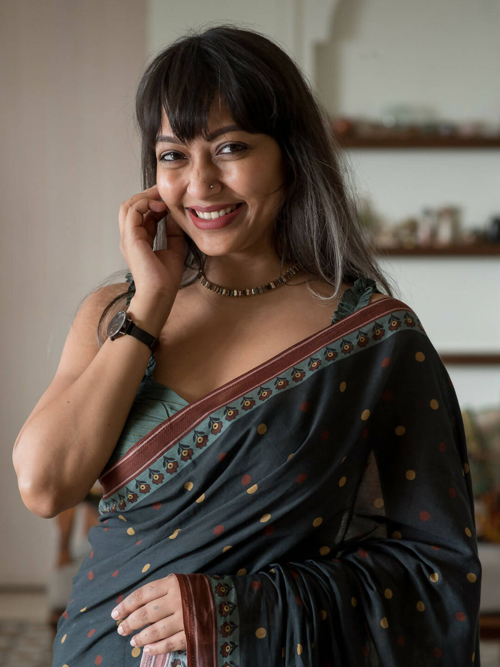 Suta Black Polka Dots Pure Cotton Saree | Grocsy