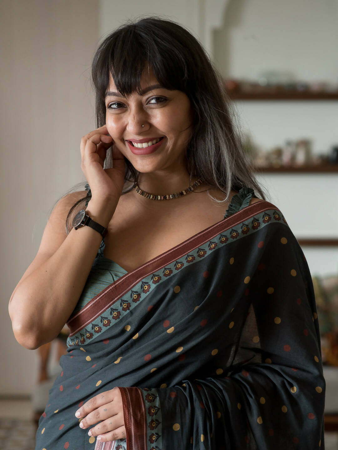 Suta Black Polka Dots Pure Cotton Saree | Grocsy