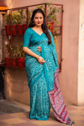 Rama Silk Blend Ajrak Saree with Unstitched Blouse - A2M | Grocsy