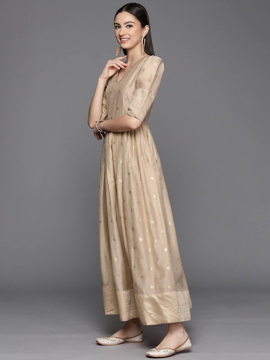 Ahalyaa Women's Beige Chanderi Gold Foil Print Dress | Grocsy