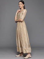 Ahalyaa Women's Beige Chanderi Gold Foil Print Dress | Grocsy