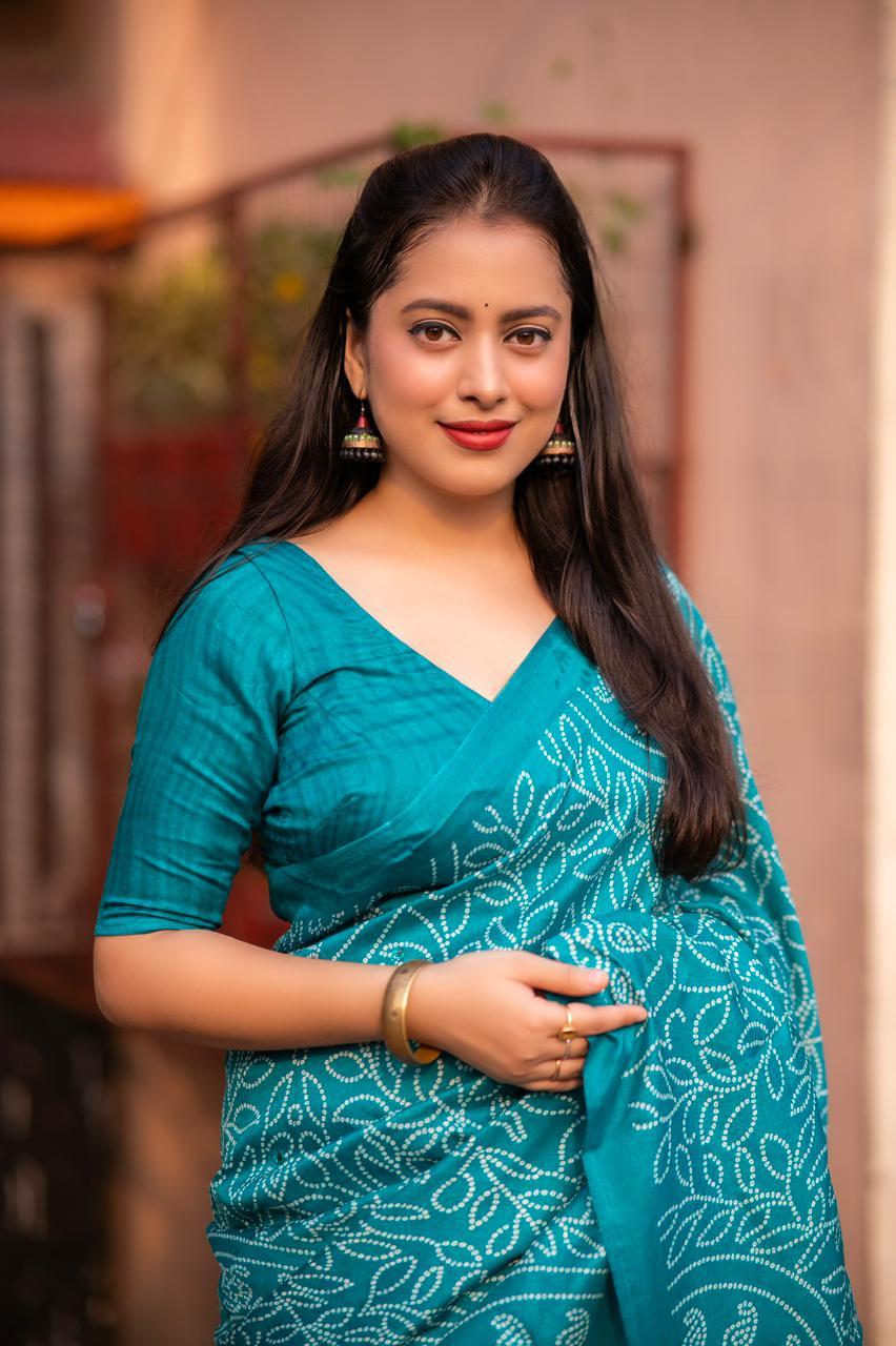Rama Silk Blend Ajrak Saree with Unstitched Blouse - A2M | Grocsy