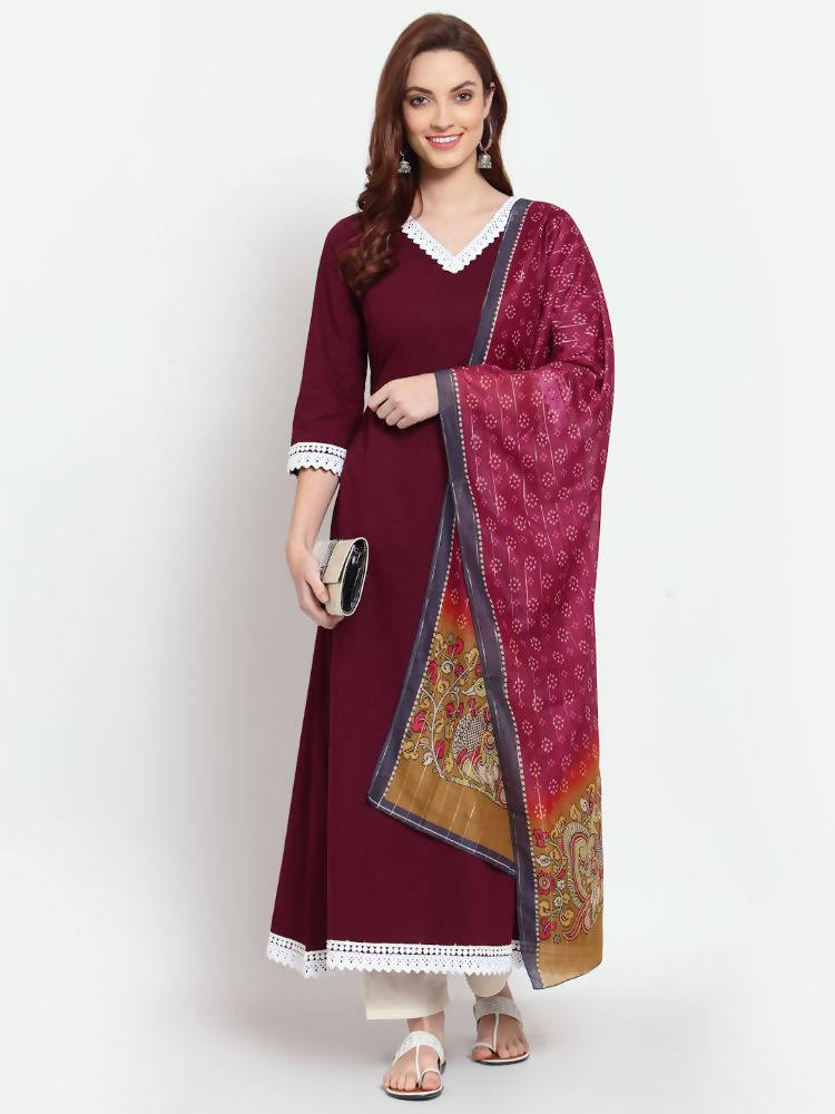 Myshka Women's Burgandy Printed Cotton Full Sleeve V Neck Casual Kurta Dupatta Set | Grocsy