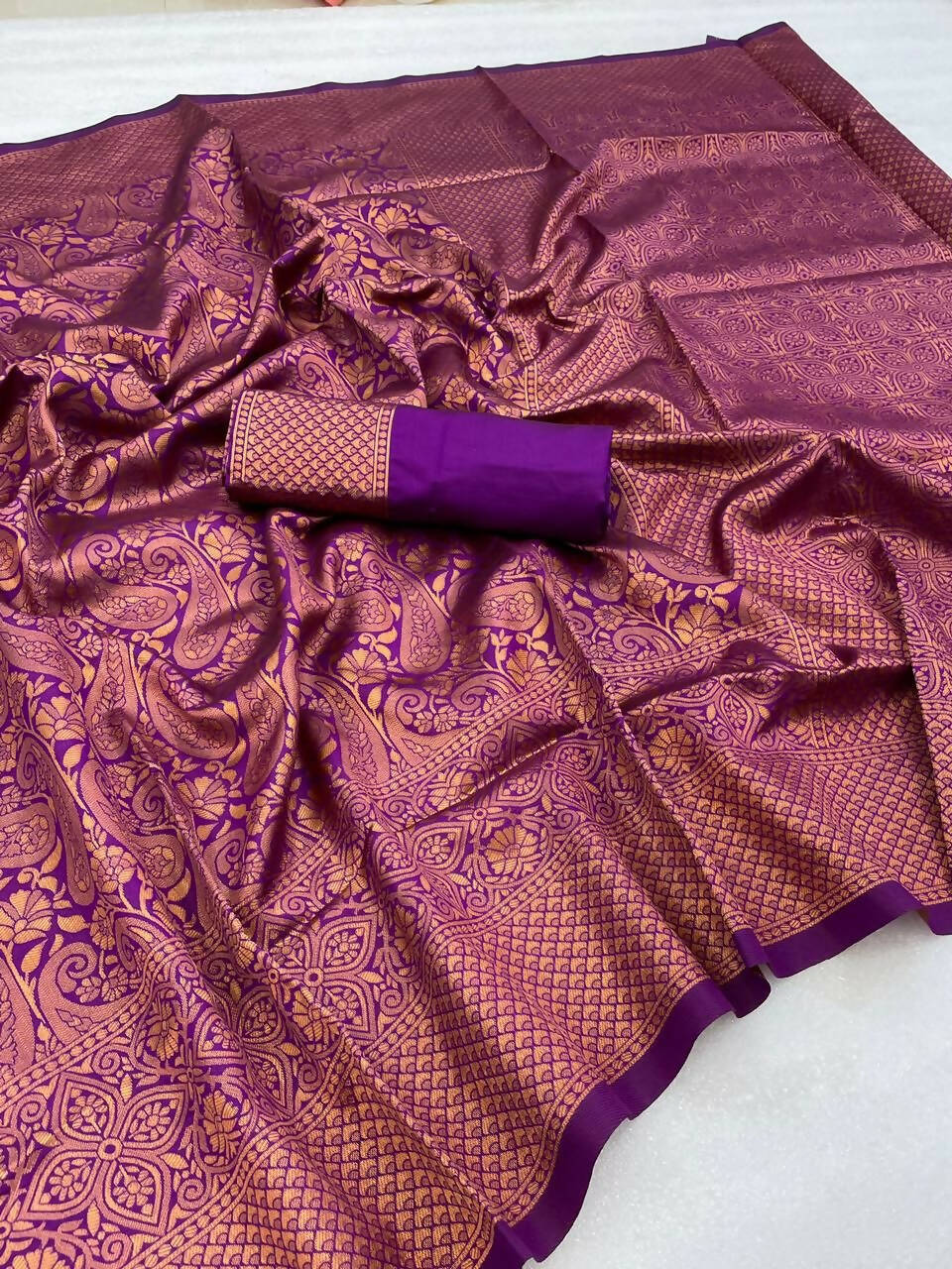 DEIANA'S Beautiful Designer Golden zari Soft Lichi Silk Saree - Purple | Grocsy