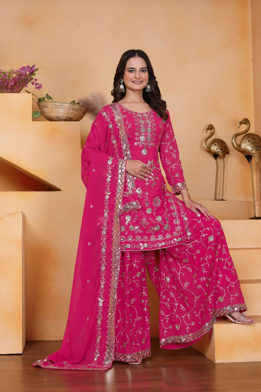 Teeya Creation Pink Color Faux Georgette Embroidery Work Wedding Wear Palazzo Set | Grocsy