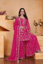 Teeya Creation Pink Color Faux Georgette Embroidery Work Wedding Wear Palazzo Set | Grocsy