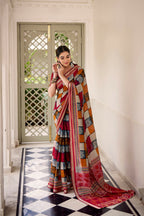 Vastranavya Maroon Viscose Chanderi Printed with Temple Border Saree & Unstitched Blouse | Grocsy