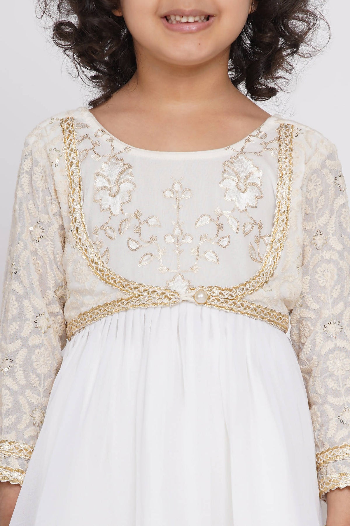 Little Bansi Girls Cotton Floral Embroidery Frock Kurta with Sharara & Dupatta - White | Grocsy