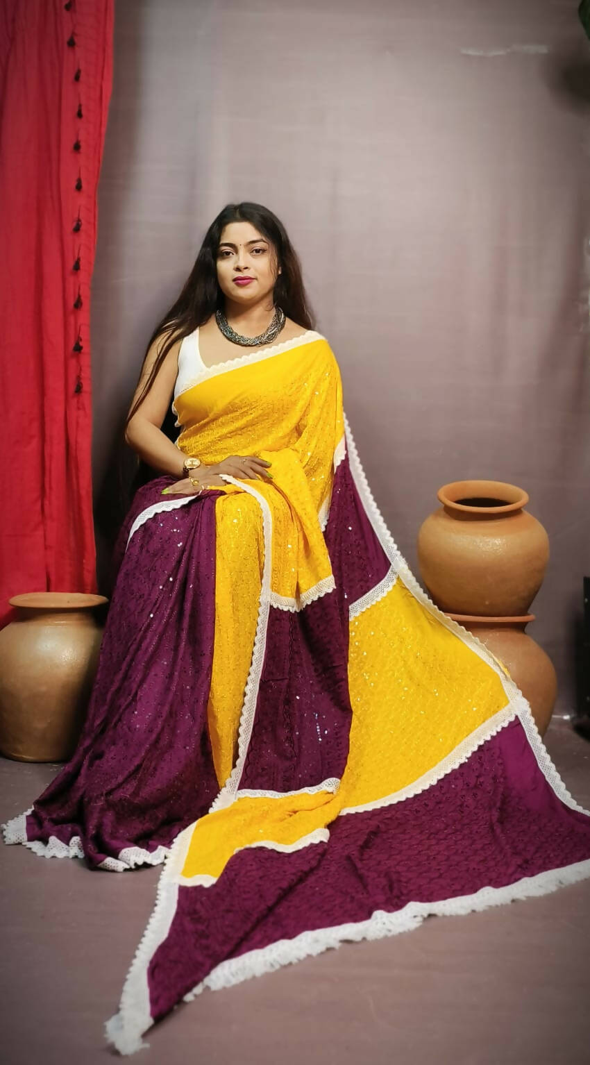 Exclusive Collection Chikankari Sequence Saree - Yellow & Maroon | Grocsy