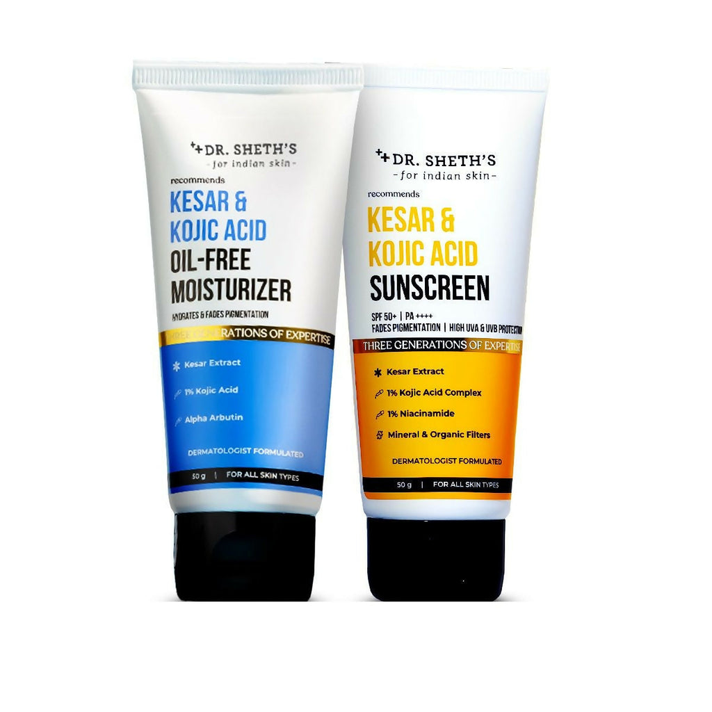 Dr. Sheth's Kesar & Kojic Acid Sunscreen & Oil-Free Moisturizer Combo - Hydrates & Fades Pigmentation | Grocsy