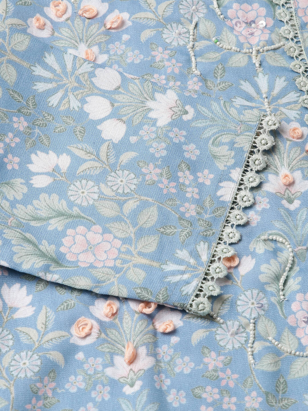 Blue Linen Floral Printed Straight Fit Kurta - Prasuti | Grocsy