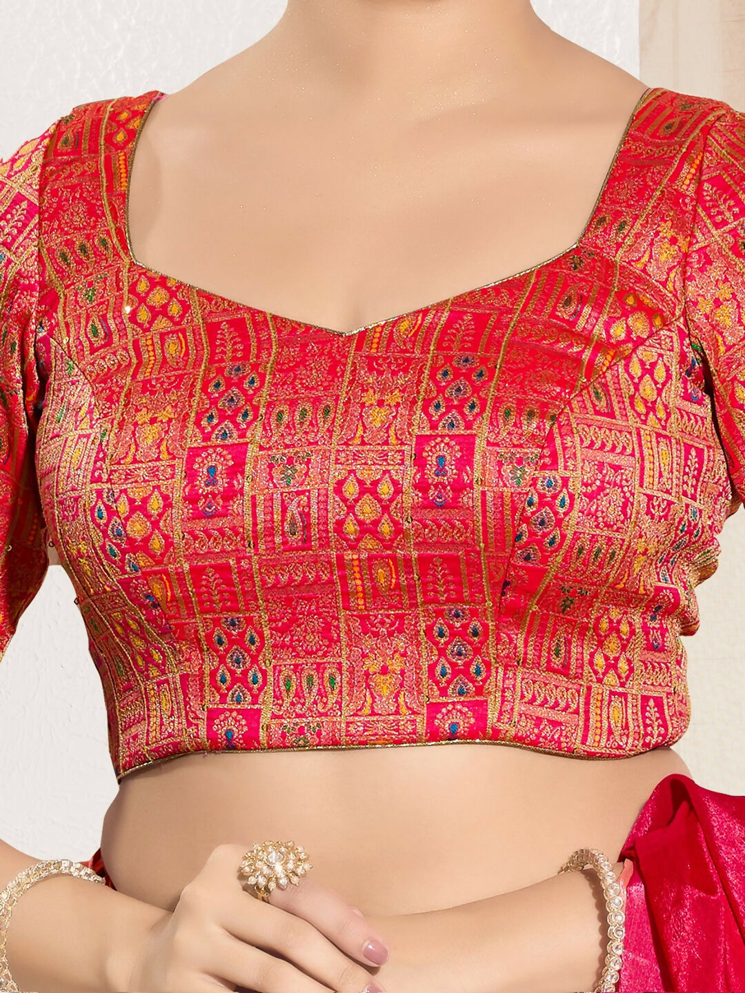 Joban Fashion Red Brocade Padded Blouse With Round Neck Elbow Sleeves | Grocsy