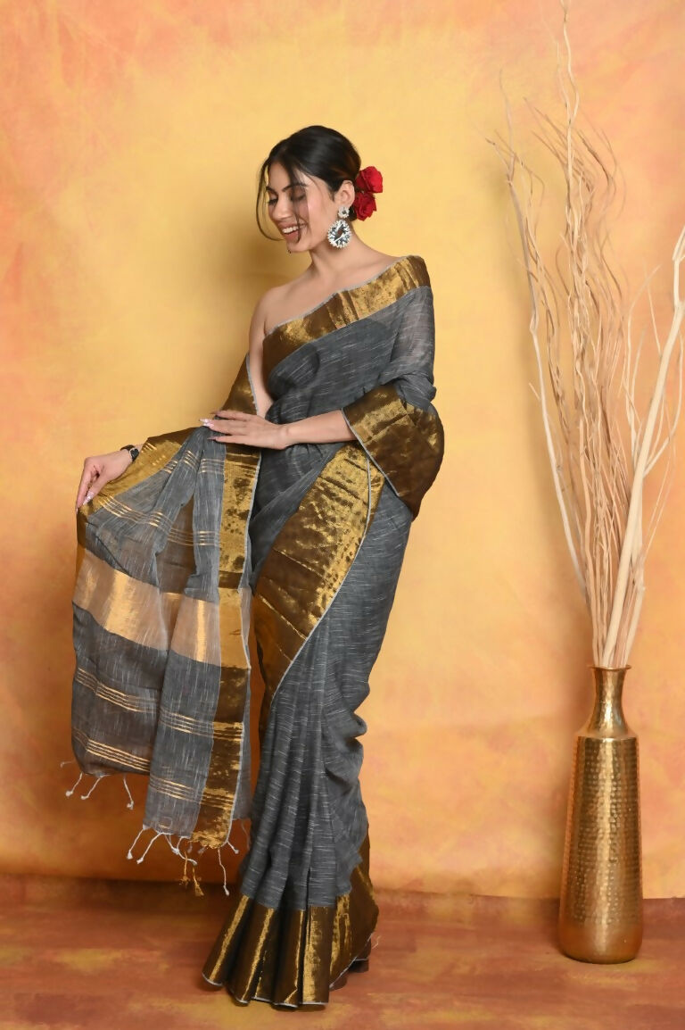 Very Much Indian Handloom Pure Cotton Linen Saree With Golden Border - Grey Gold | Grocsy