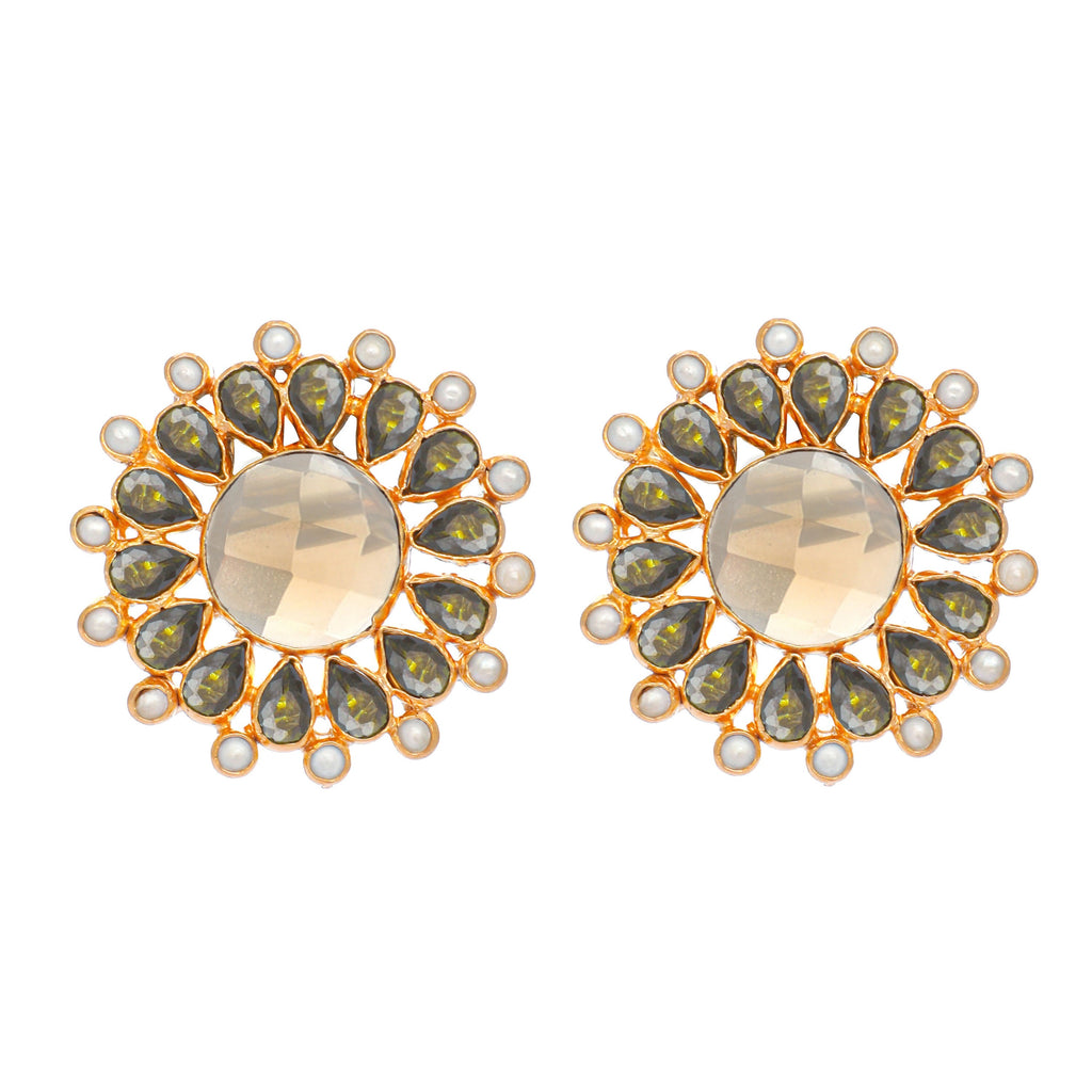 Nuyug 22K Gold Plated Faux Smoky Quartz & Crystal Studded Contemporary Floral Studs | Grocsy