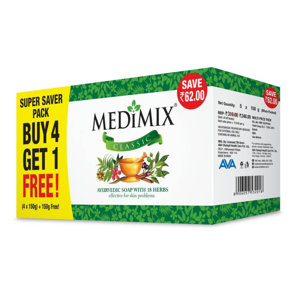 Medimix Ayurvedic Classic 18 Herbs Soap, 150 g (4 + 1 Offer Pack) | Grocsy