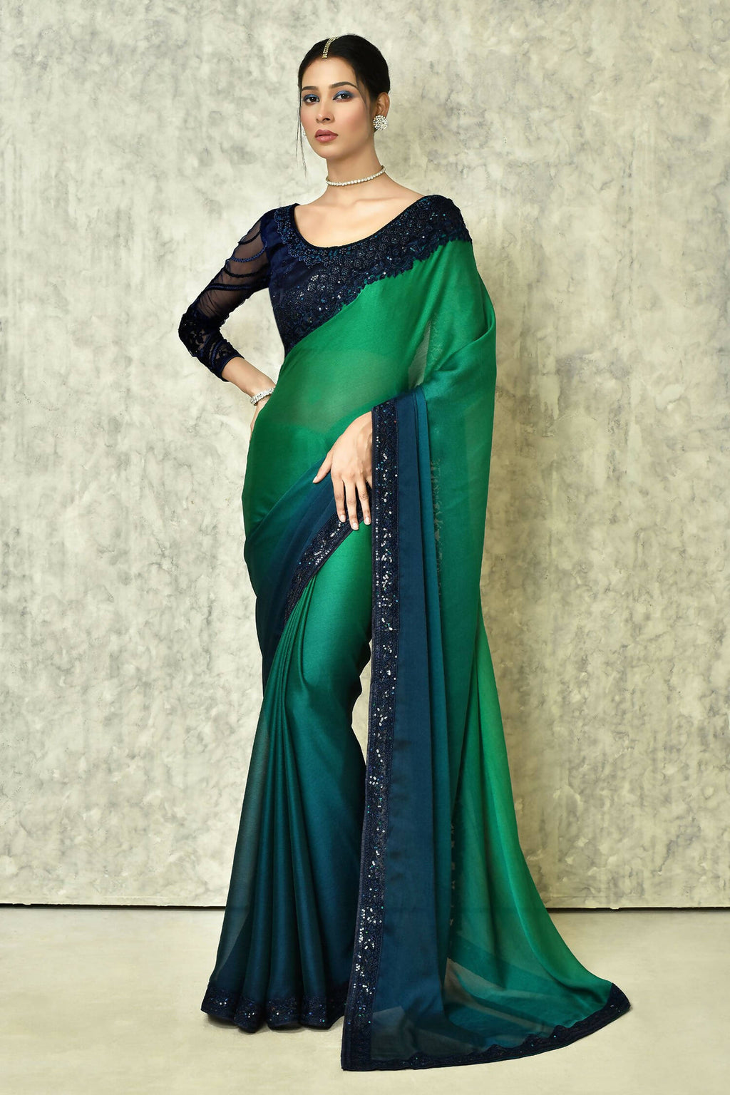 Green & Blue Silk Plain Saree with Blouse Piece - Purvi | Grocsy