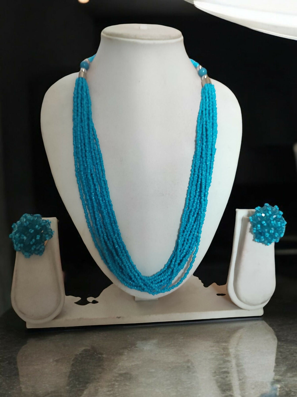 Inhanns Bloom Handmade Beaded Necklace With Earrings - 12 Layers - Skey Blue Necklace Set | Grocsy
