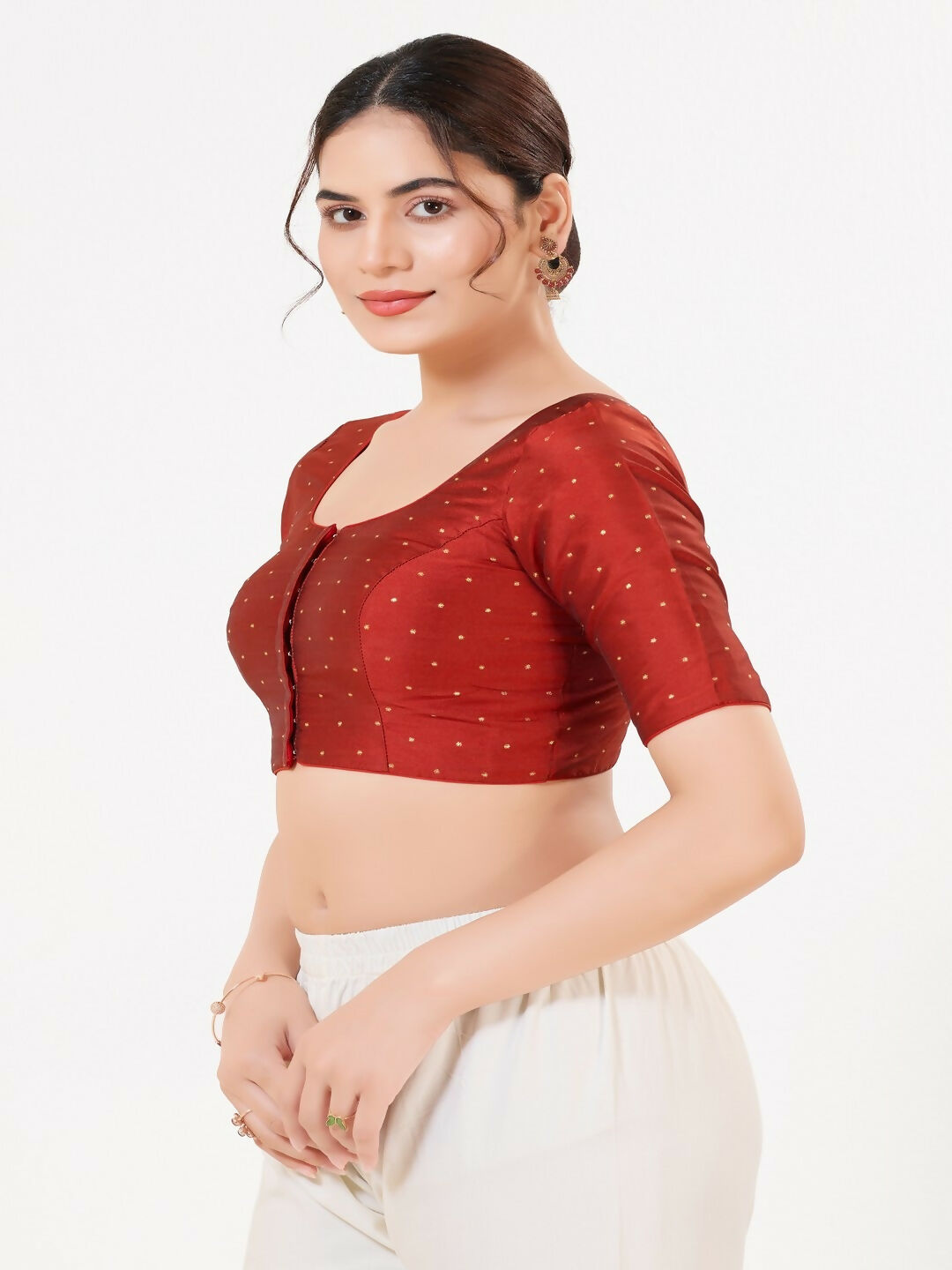 Joban Fashion Dark-Red Taffeta Silk Elbow Sleeveless Front Open Blouse | Grocsy