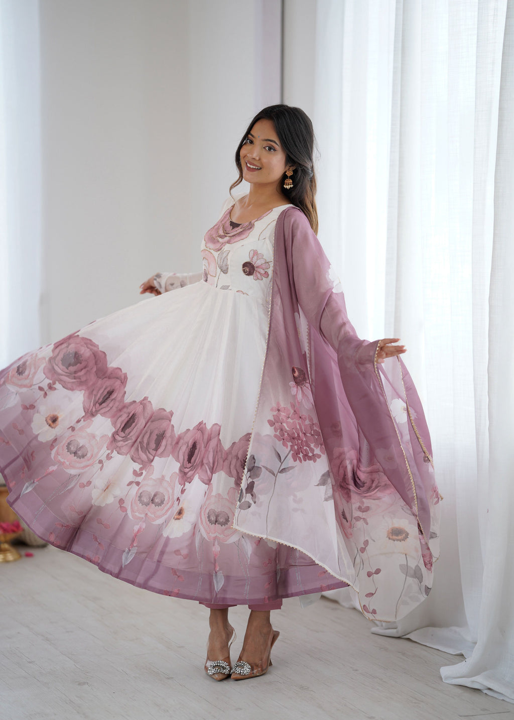 Evanik Onion Pink Soft Organza Silk With Floral Print Fully Flared Anarkali Pant With Dupatta Set | Grocsy