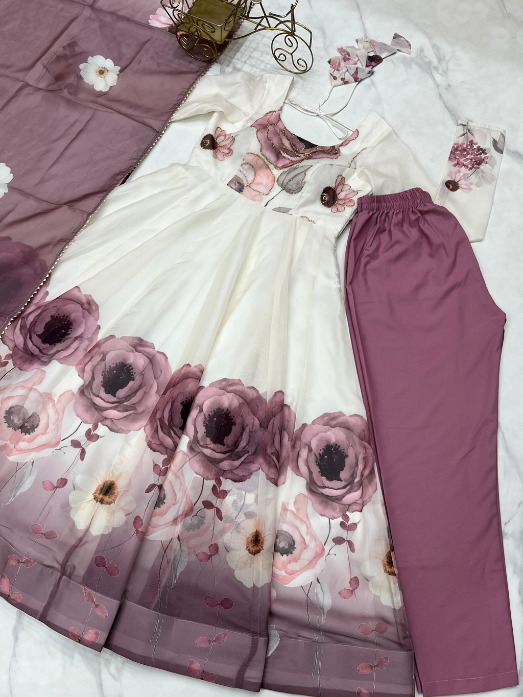 Evanik Onion Pink Soft Organza Silk With Floral Print Fully Flared Anarkali Pant With Dupatta Set | Grocsy