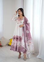 Evanik Onion Pink Soft Organza Silk With Floral Print Fully Flared Anarkali Pant With Dupatta Set | Grocsy