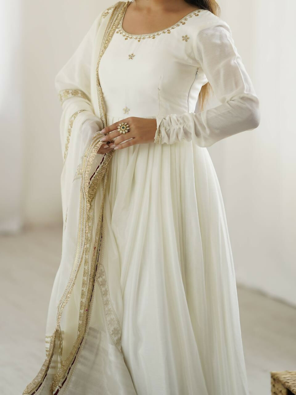 The52 Women's Gorgeous Chinon Silk Fabric Embroidery Work Flared Anarkali Pant and Dupatta Set | Grocsy