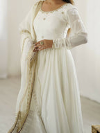 The52 Women's Gorgeous Chinon Silk Fabric Embroidery Work Flared Anarkali Pant and Dupatta Set | Grocsy