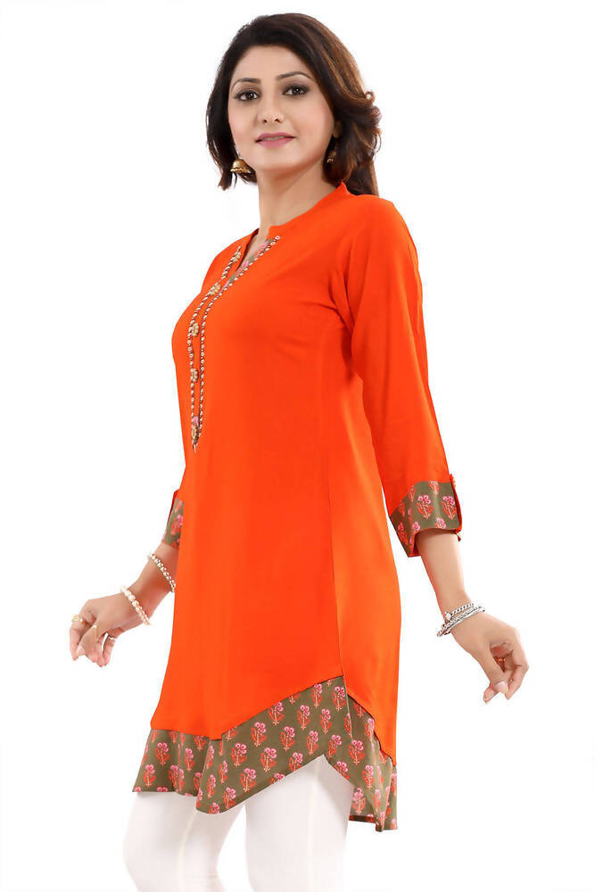 Snehal Creations Rayon Designer Embroidery Orange Tunic | Grocsy