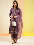 Wine Chinon Embroidered Straight Kurta with Trouser & Dupatta - Salimar | Grocsy