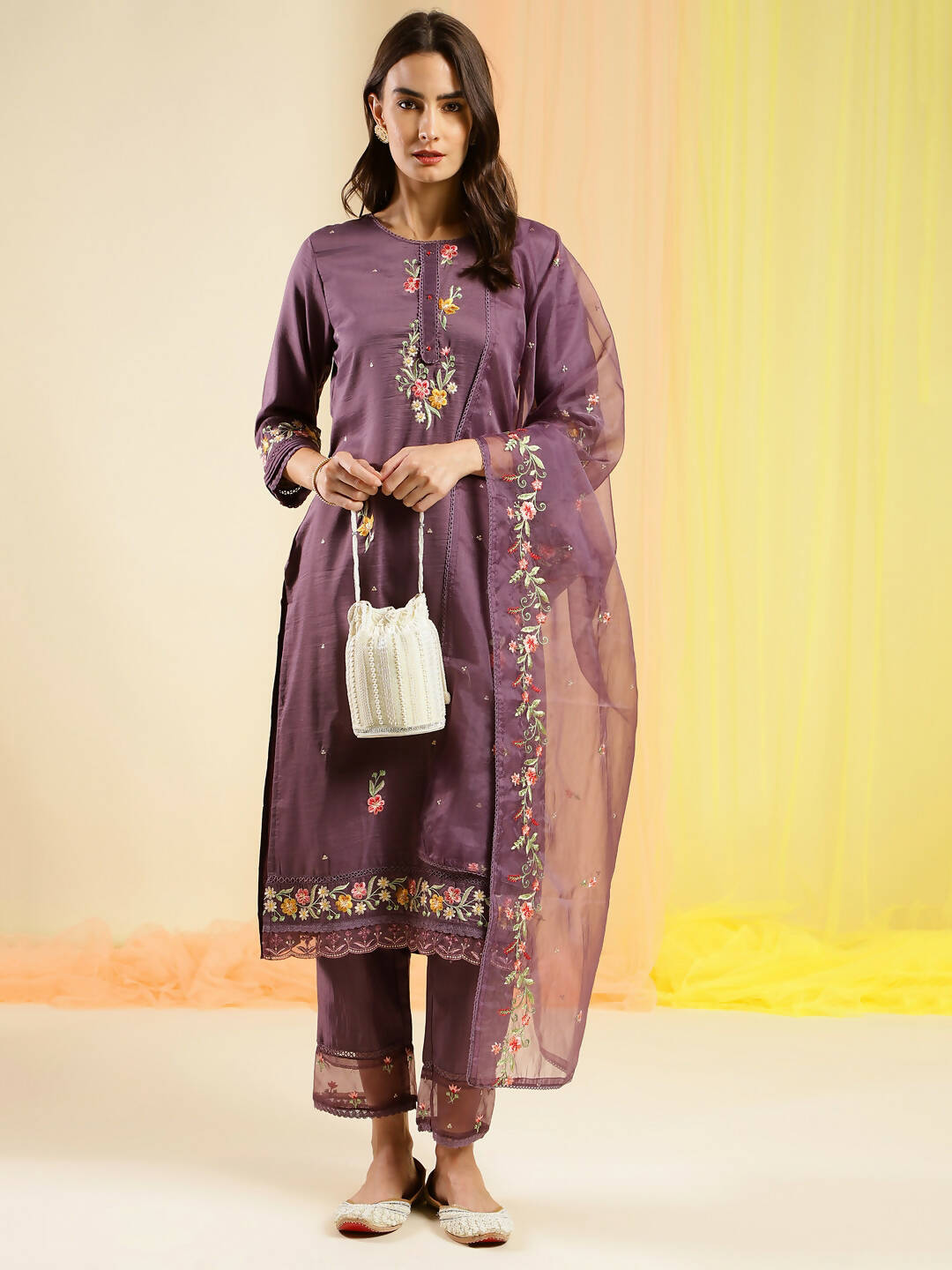 Wine Chinon Embroidered Straight Kurta with Trouser & Dupatta - Salimar | Grocsy
