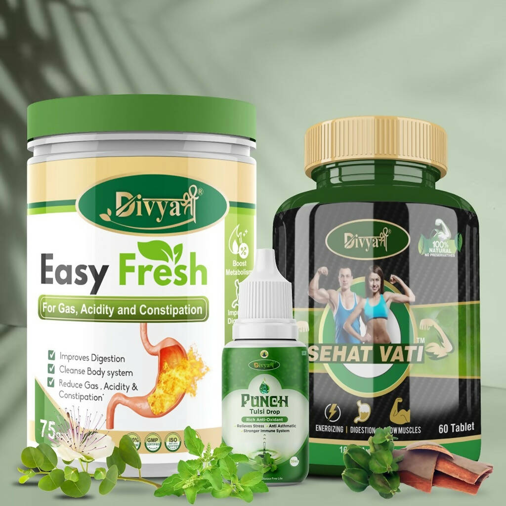 Divya Shree Sehat Vati Capsule, Easy Fresh Powder & Punch Tulsi Drop Combo | Grocsy