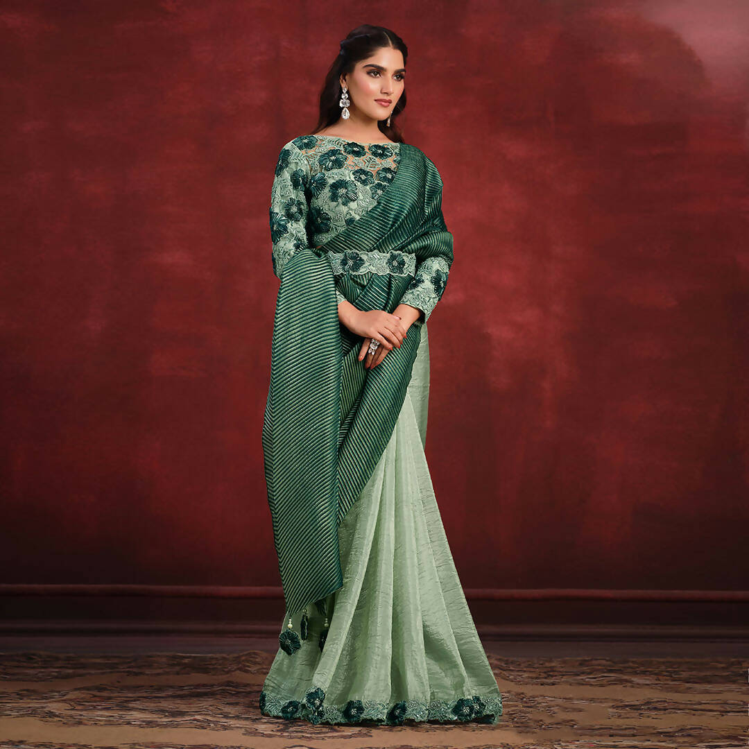 Sea Green Banarasi Crush Silk Sequence Thread & Stone Work/ Texture Pallu Saree - Mohmanthan Kimiya | Grocsy