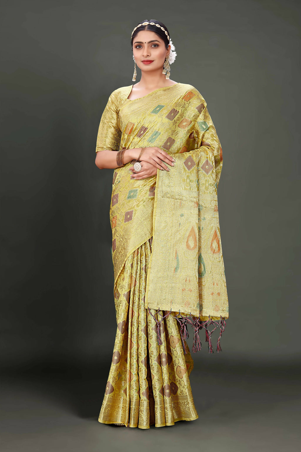 Olive Soft Organza Woven Design Saree With Unstitched Blouse Piece - Zaara | Grocsy
