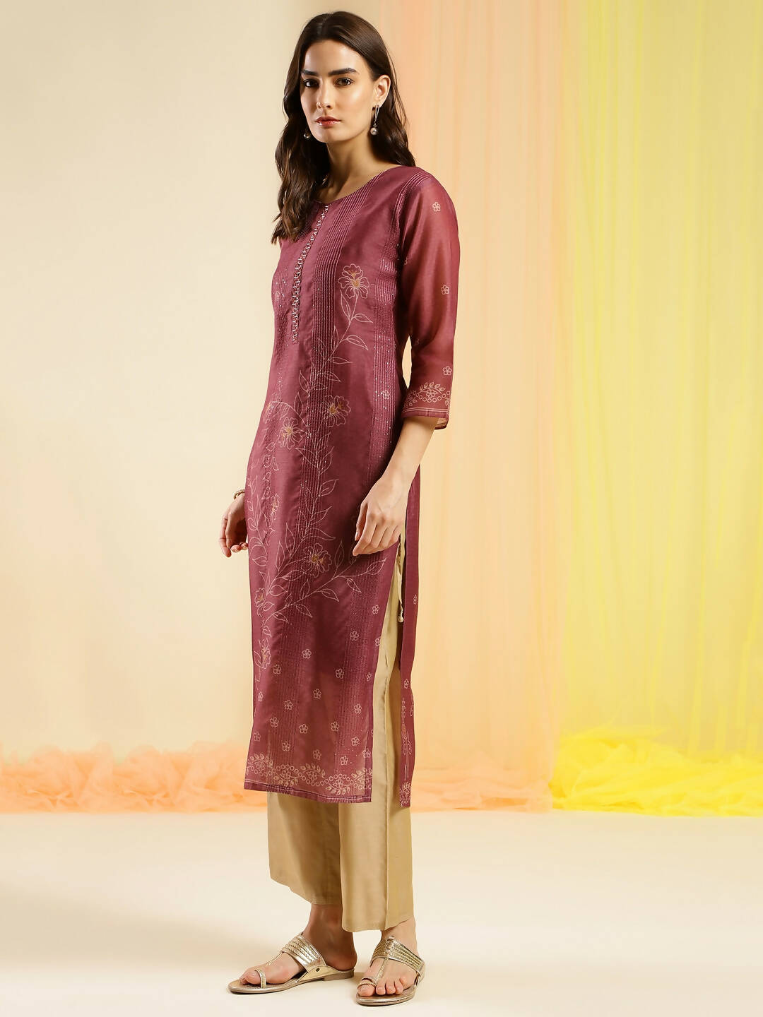 Maroon Chinon Digital Printed With Hand Work Kurta - Himanshi | Grocsy