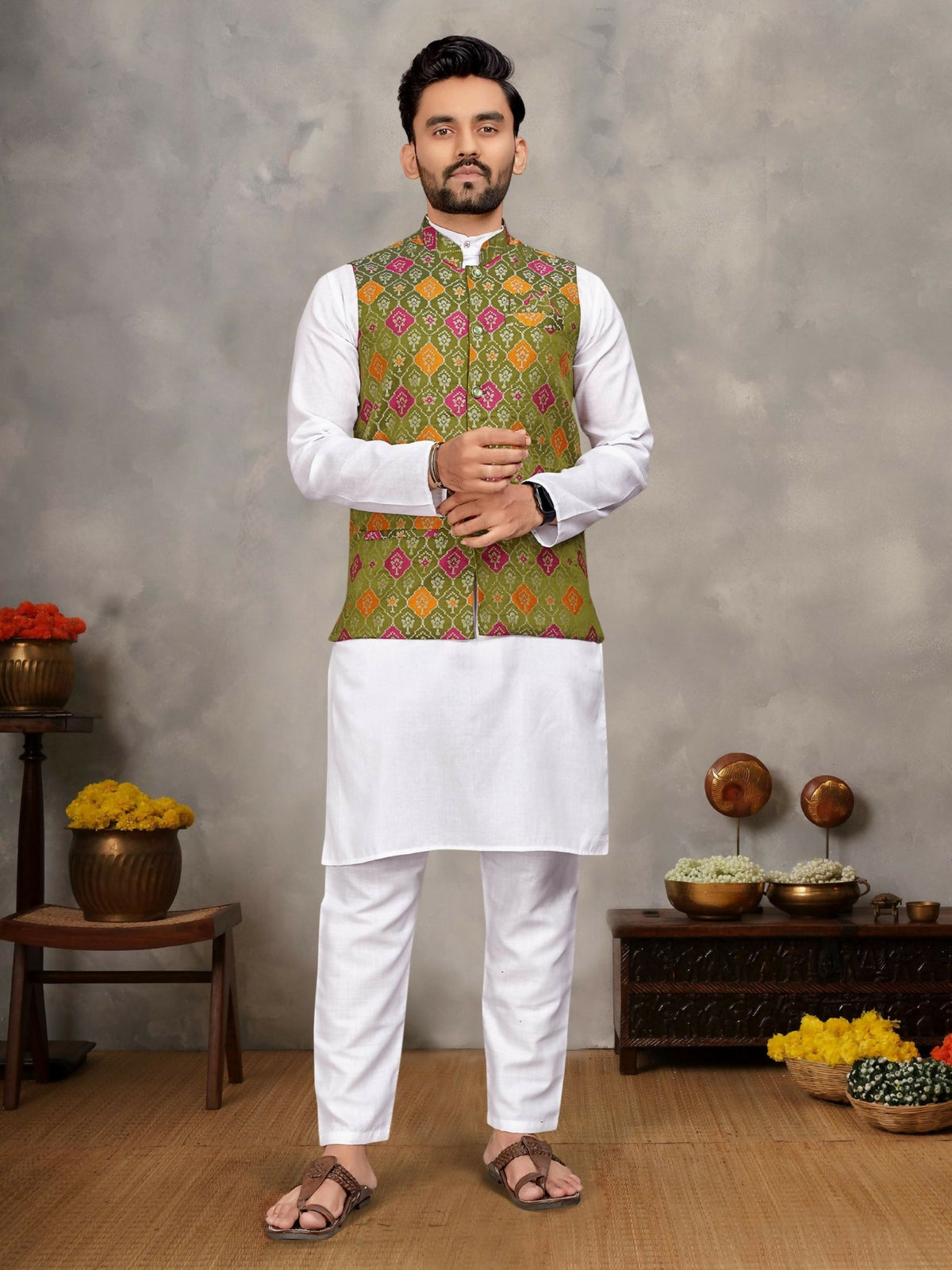 Anaita Mehendi Cotton Straight Kurta Payjama & Koti With Jequard Work | Grocsy