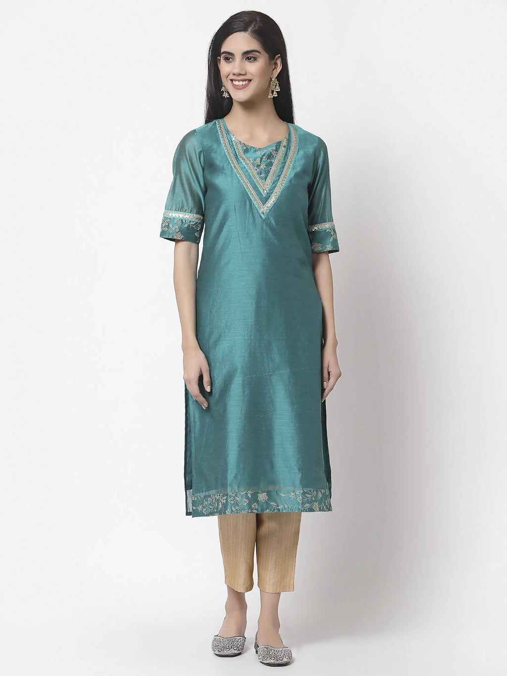 Myshka Women Teal Chanderi Solid Half Sleeve Round Neck Kurta | Grocsy