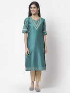 Myshka Women Teal Chanderi Solid Half Sleeve Round Neck Kurta | Grocsy